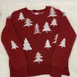 Holiday Time Festive Red Sweater with Sequined Tree Design.